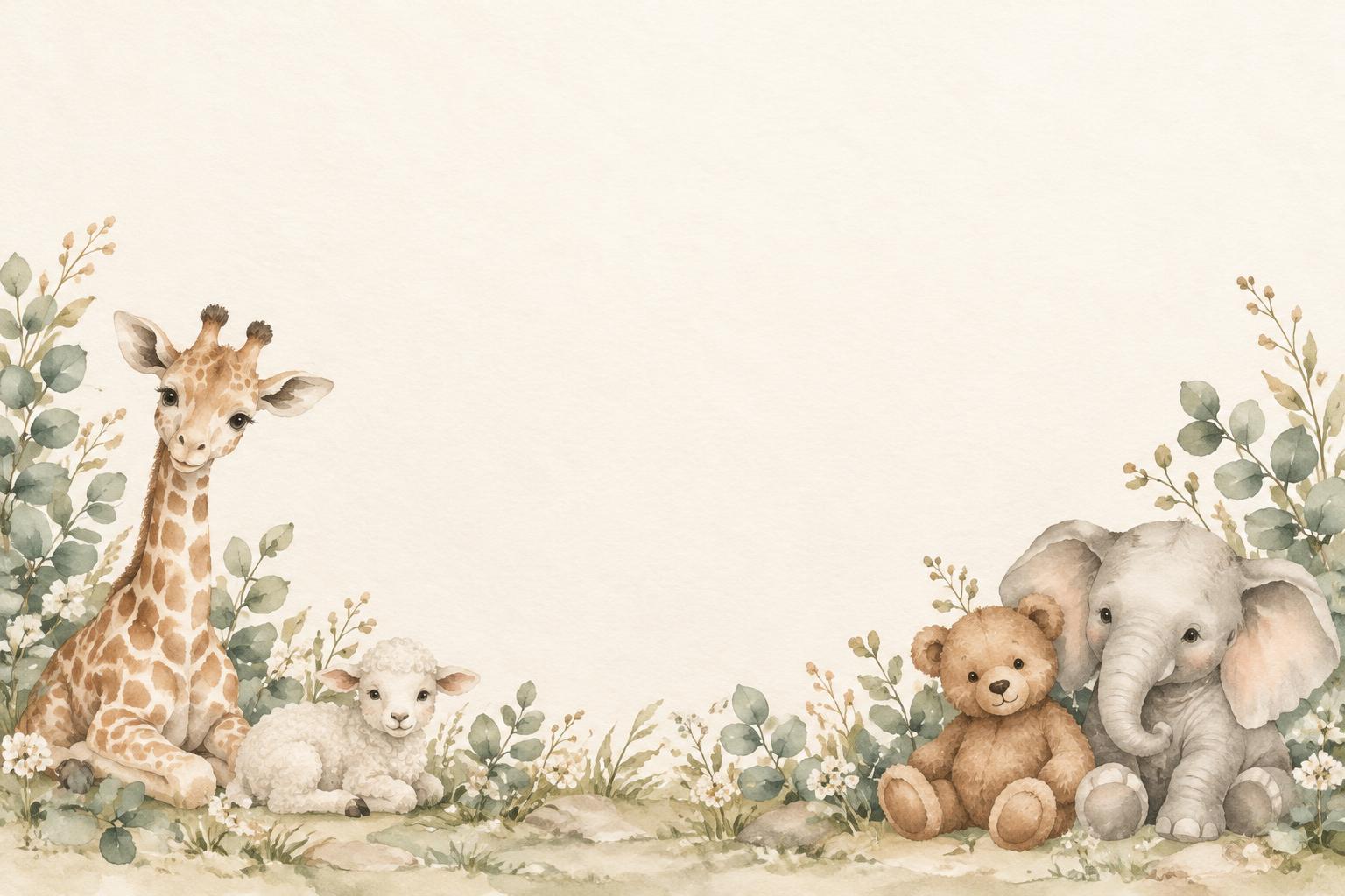 Girafinha, ovelhinha, ursinho e elefantinho em um jardim de aquarela